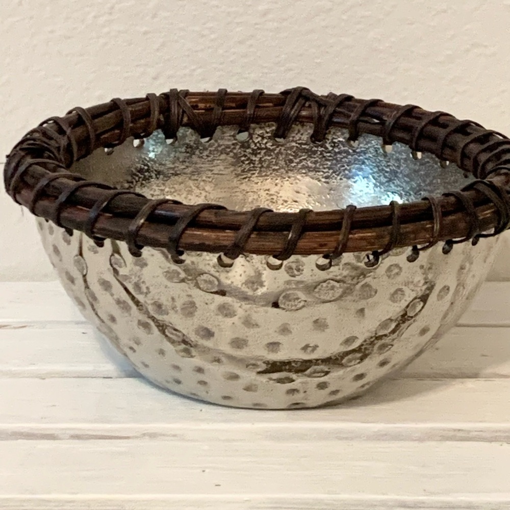 Mud Pie Hammered Metal Bowl with Wood Rim Accent Natural / Neutral Decor Boho
